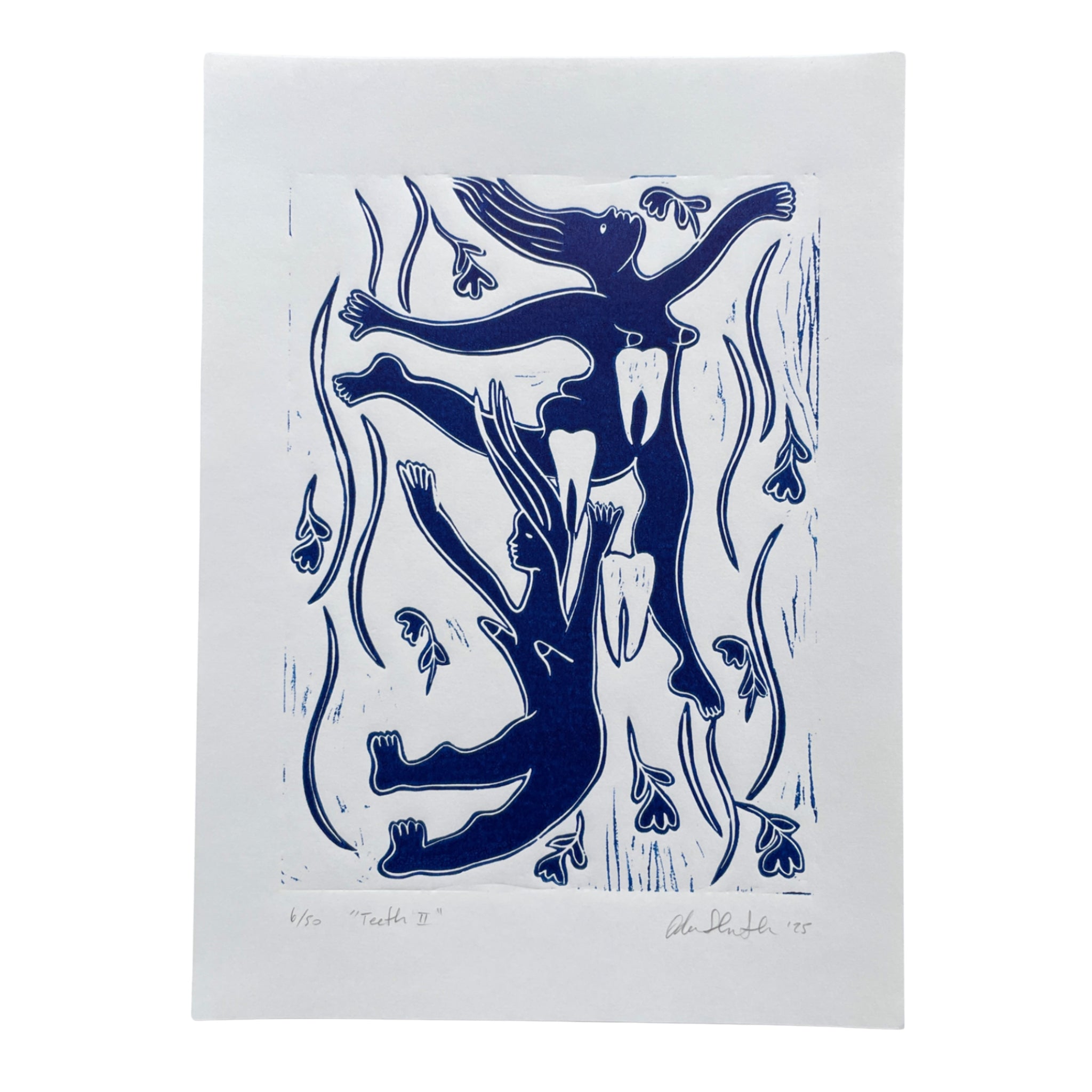 Blue figurative linocut "Teeth II" with falling women surrounded by teeth