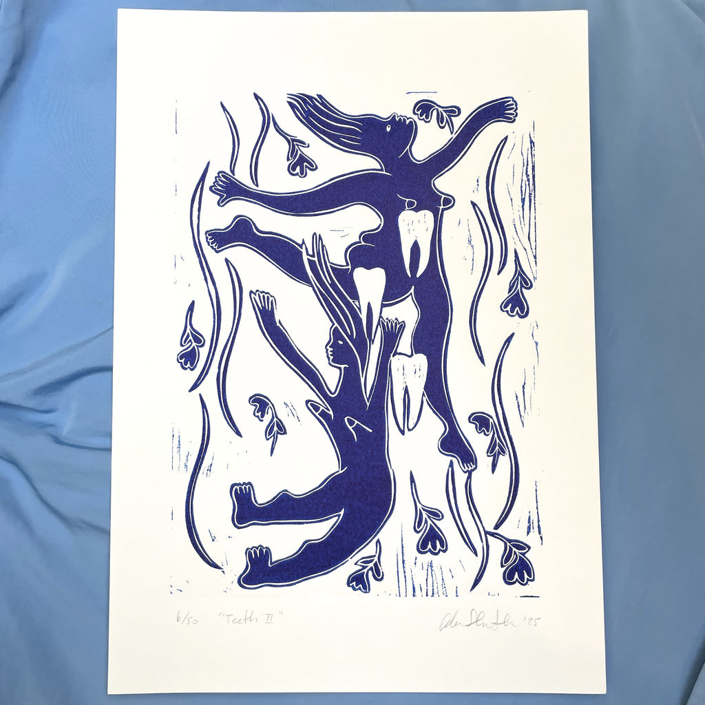 Blue figurative linocut "Teeth II" with falling women surrounded by teeth and falling flowers