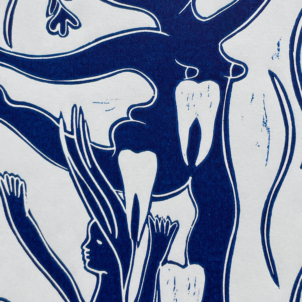 Abstract blue and white design with human figures and organic shapes