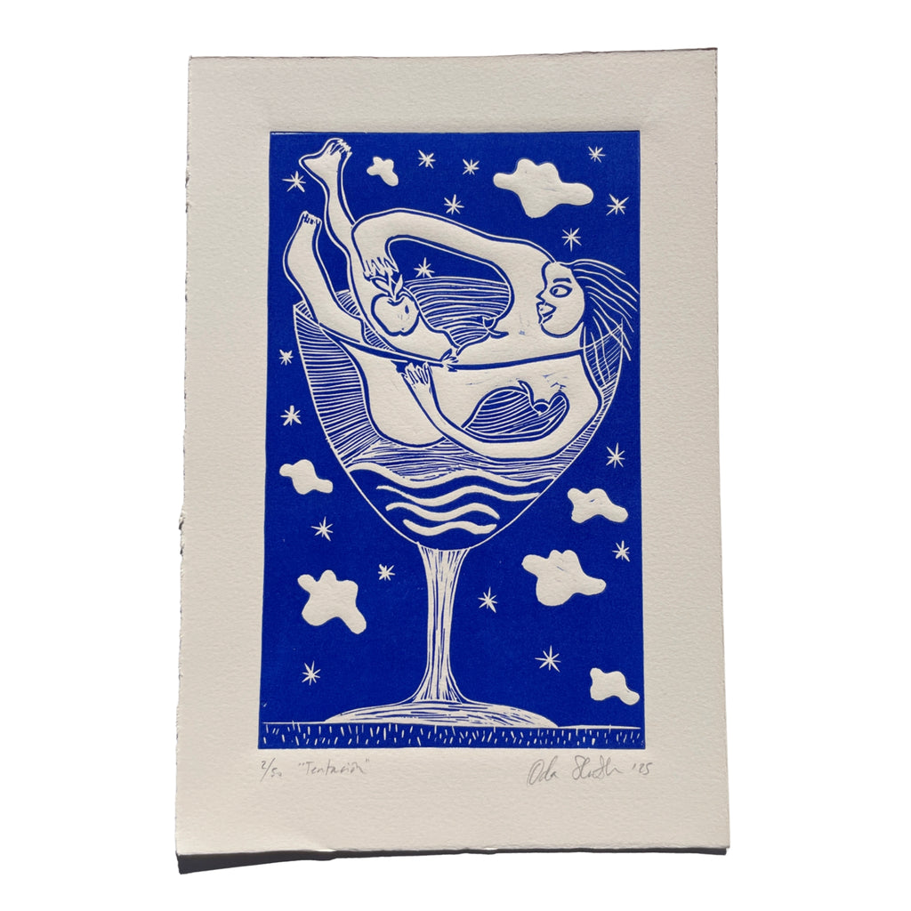 Artistic depiction of a woman holding an apple in a wine glass against a blue background with white stars and clouds.