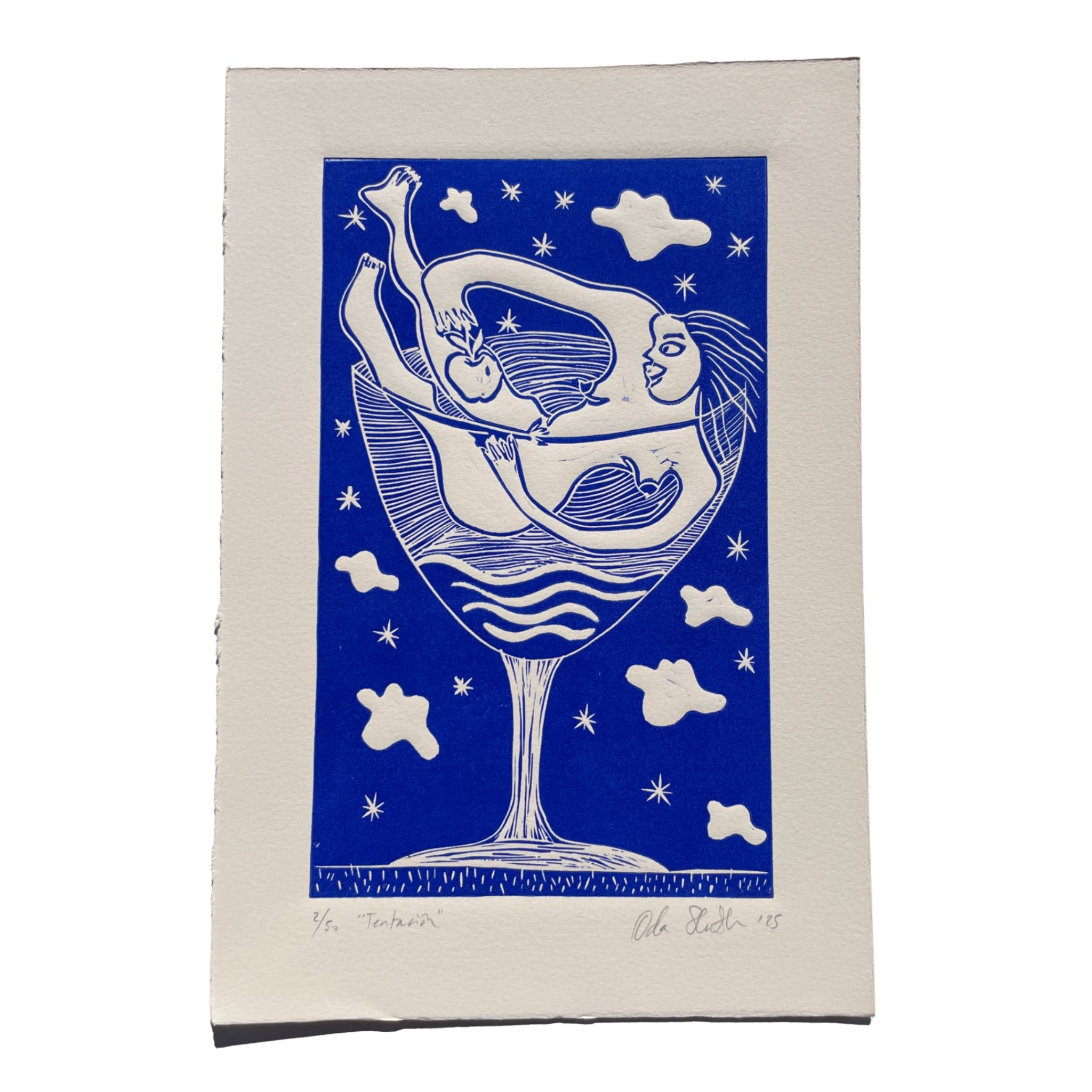 Artistic depiction of a woman holding an apple in a wine glass against a blue background with white stars and clouds.