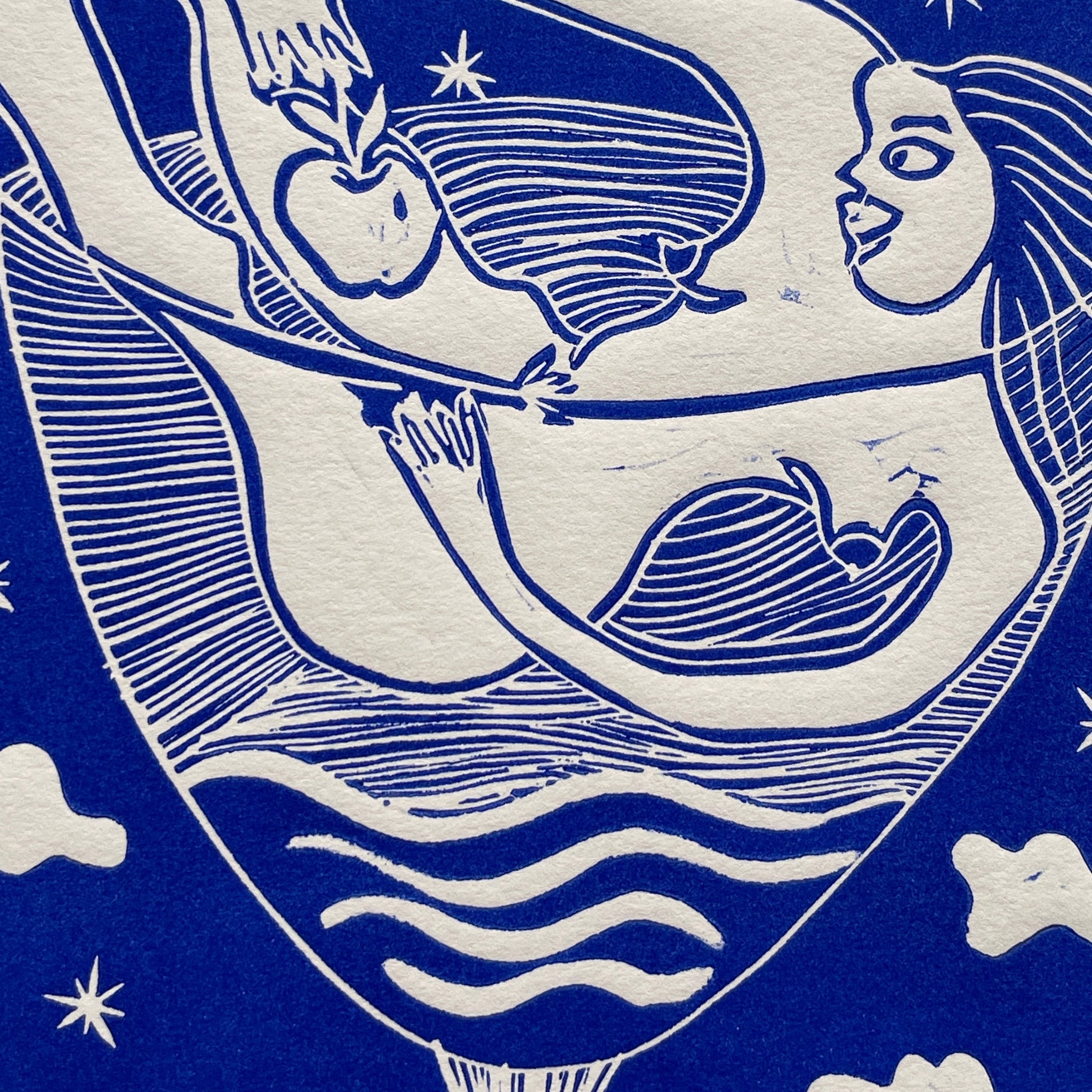 Blue and white illustration of a woman holding an apple against a blue background with stars.