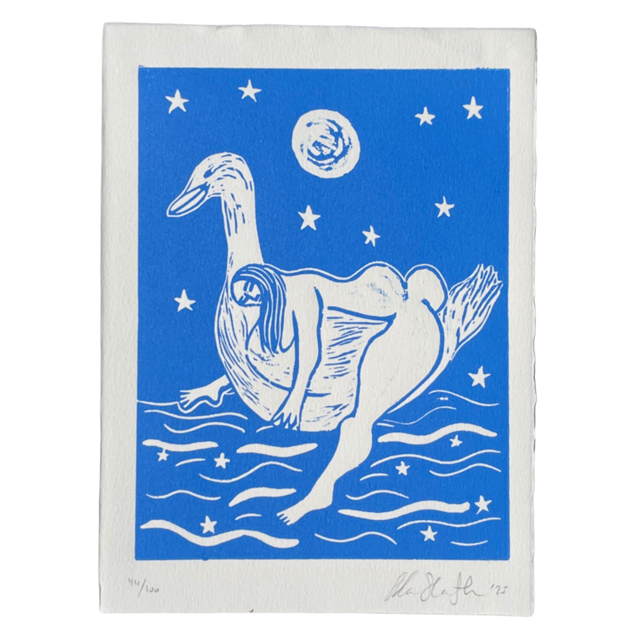 Light blue linocut "Tender", a woman drifting on a lake carried by a duck beneath the moon