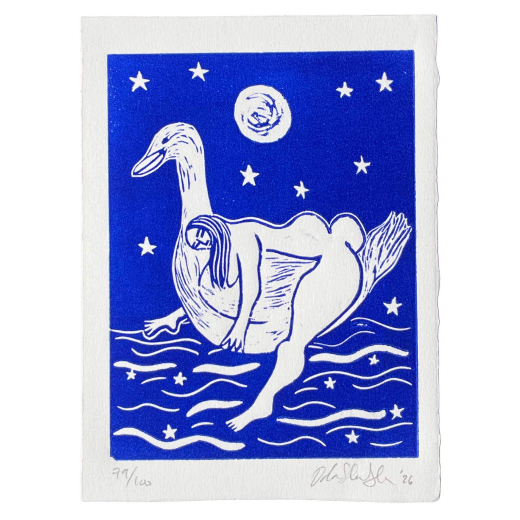 Blue linocut "Tender", a woman drifting on a lake carried by a swan beneath the moon with stars in the background