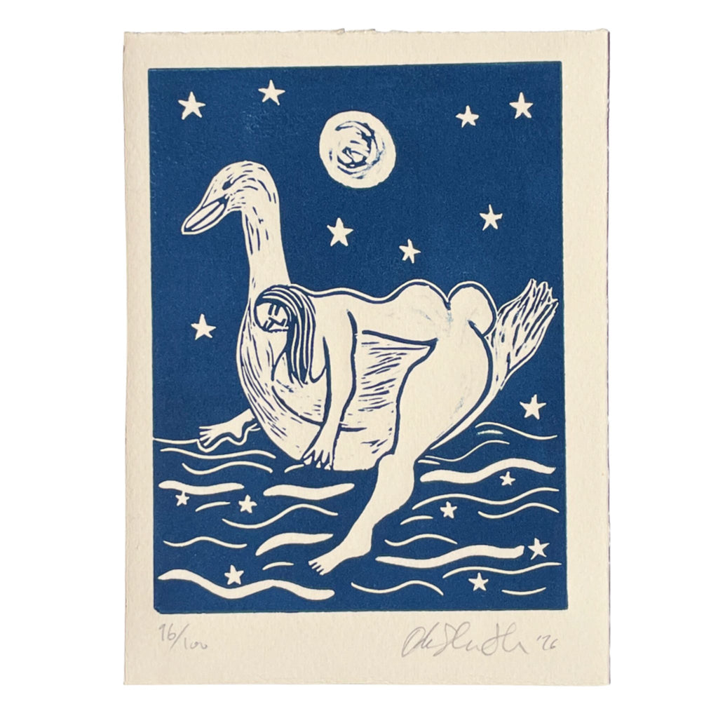 Illustration of a person carried by a duck on a blue background with stars and a moon.