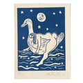 Illustration of a person carried by a duck on a blue background with stars and a moon.