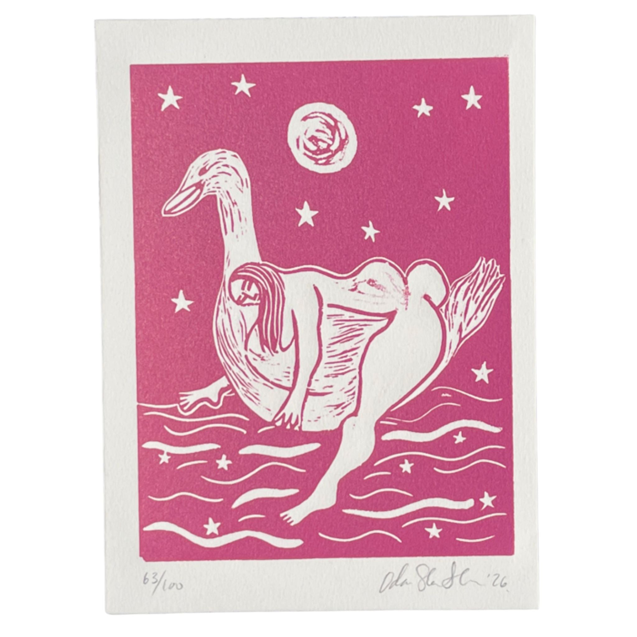 Pink linocut "Tender", a woman drifting on a lake carried by a swan beneath the moon