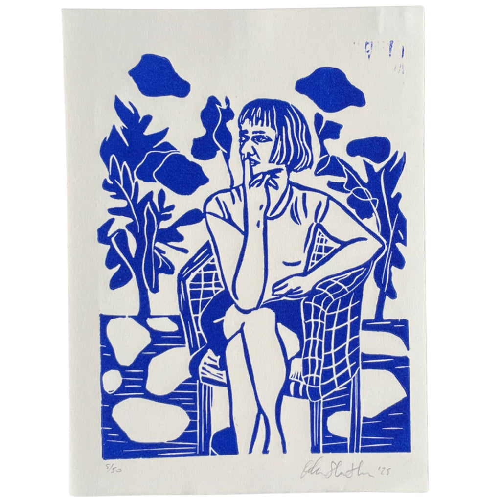 Blue and white artwork of a seated figure with plants on a white background