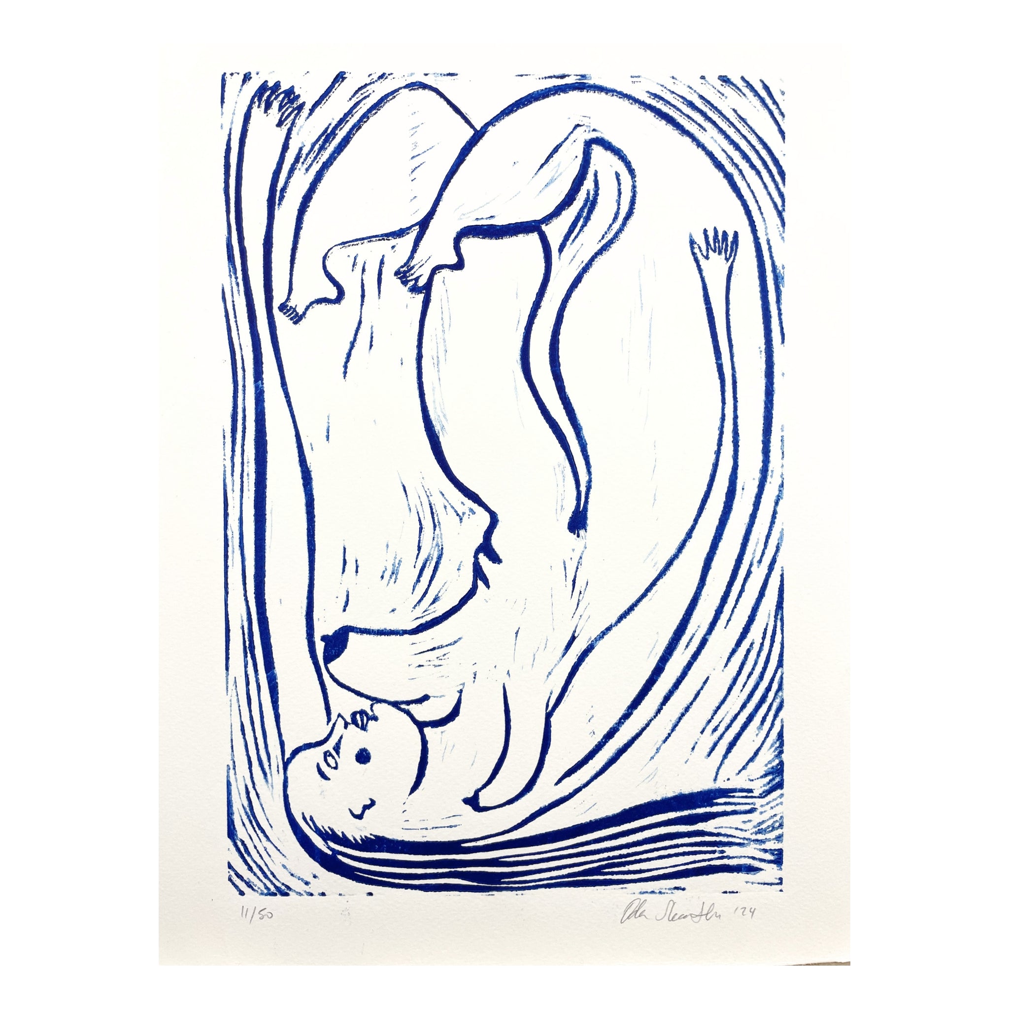 Blue ink drawing of a woman lying on her back with flowing hair on a white background