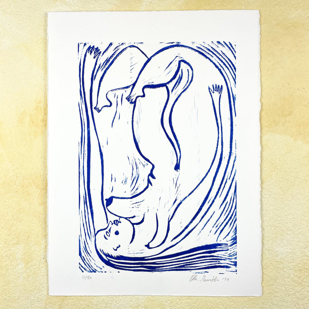 Blue figurative linocut "Trapped in the Format", a falling woman stretching edge to edge