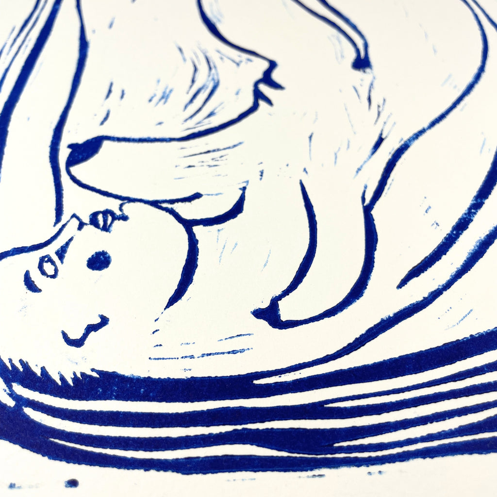 Blue and white illustration of a woman 