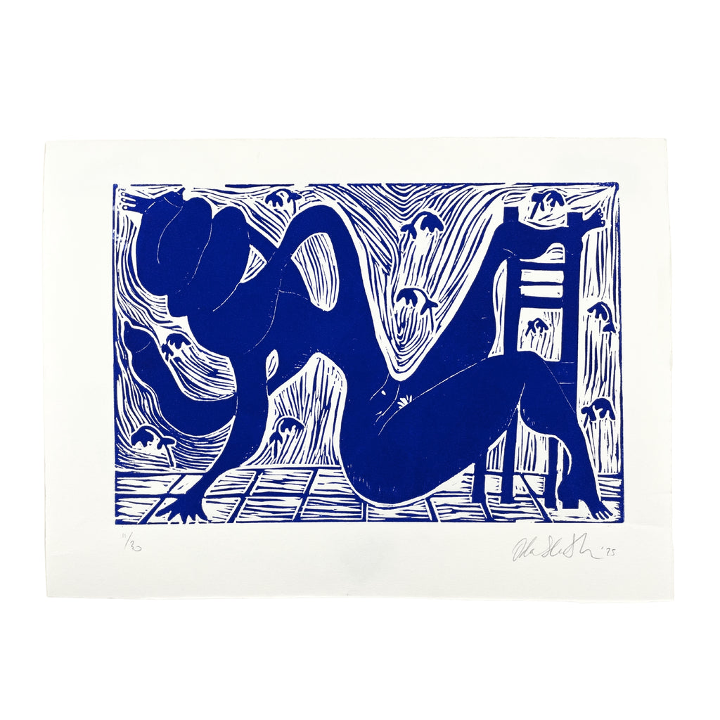 Blue abstract artwork on a white background