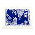 Blue abstract artwork on a white background