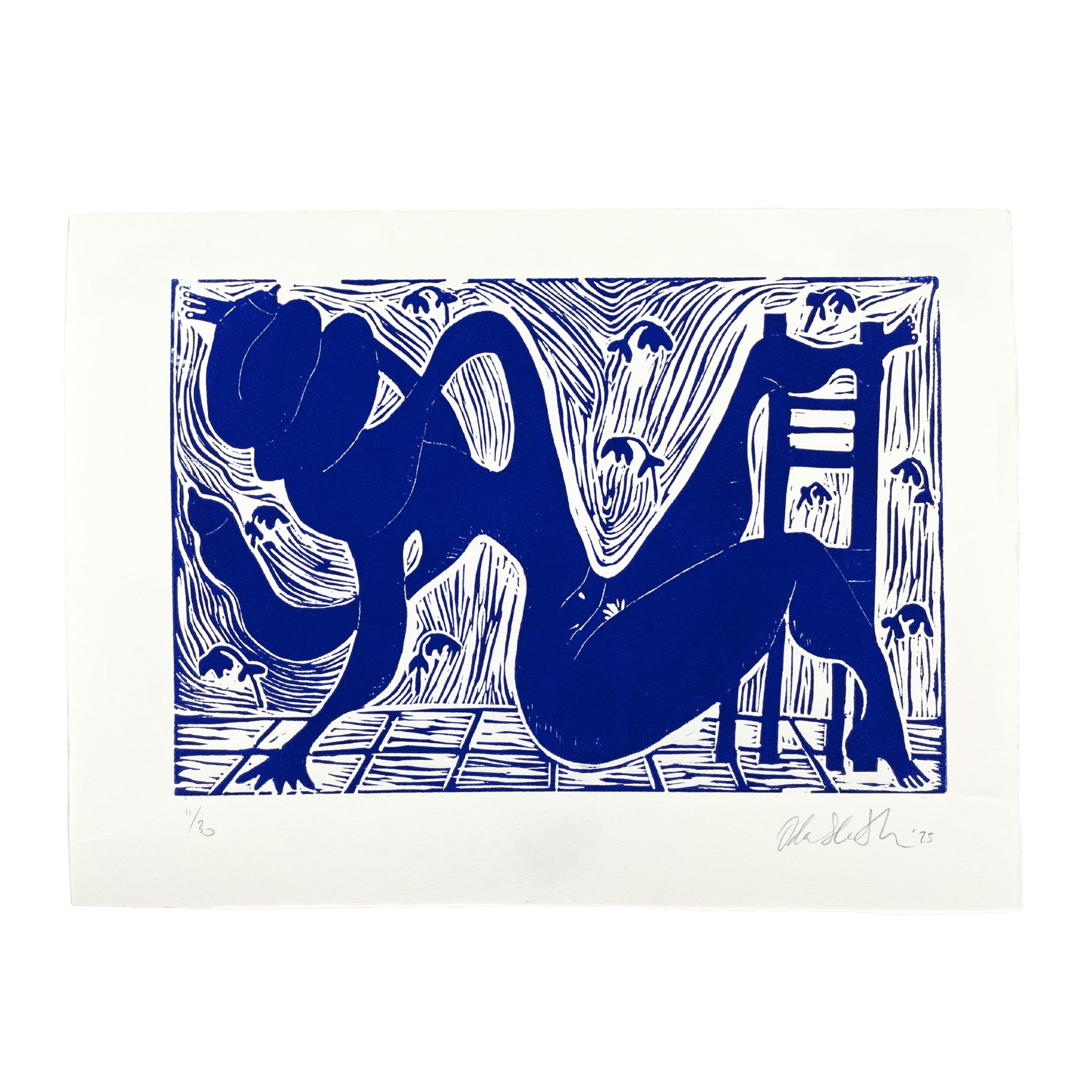 Blue abstract artwork on a white background