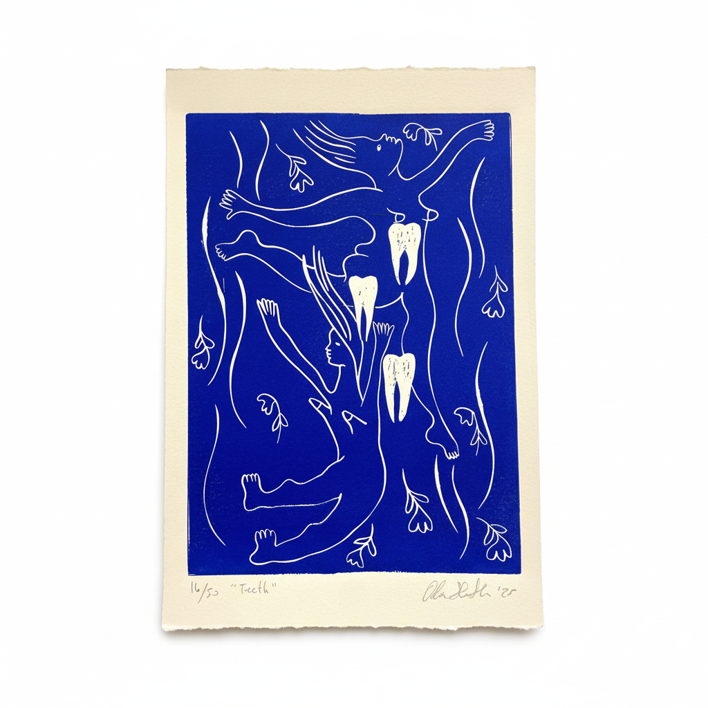 Blue figurative linocut "Teeth II" with falling women and teeth surrounded by flowers on beige paper