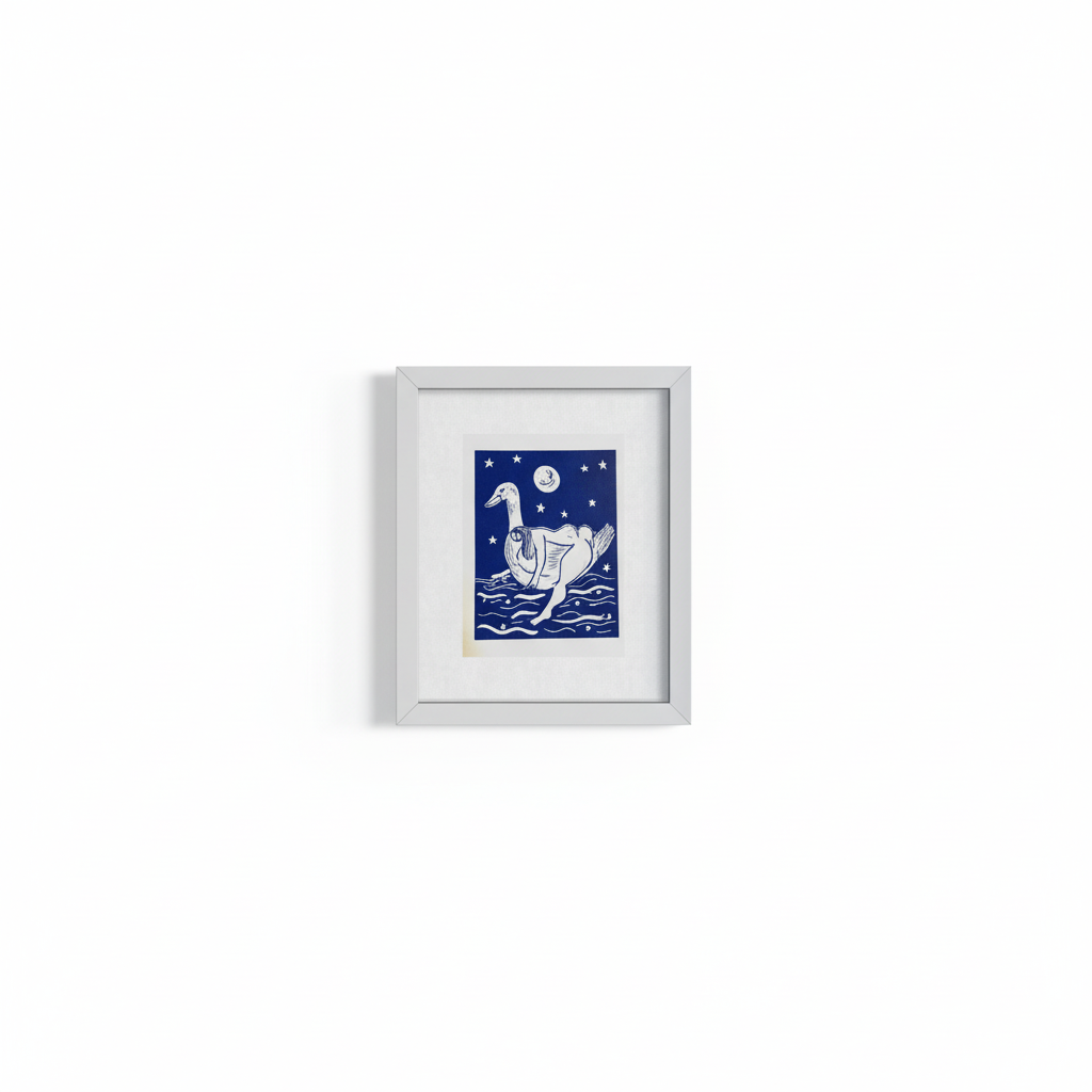 Framed artwork of a stylized bird with a moon and star in a blue square on a white background