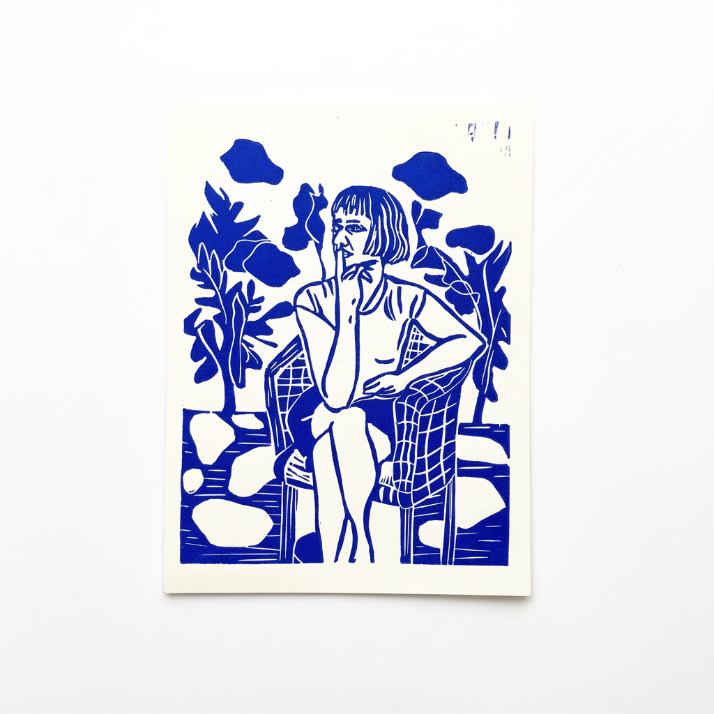 Blue linocut portrait "Woman Thinking", a contemplative woman seated in a chair surrounded by plants